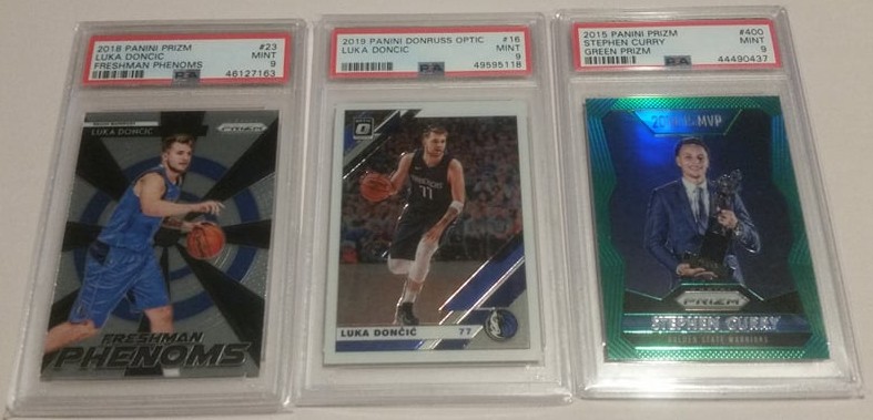 2018 Luka Doncic FP PSA 9. 2019 Doncic Optic PSA 9, 2015 Stephen Curry Green PSA 9