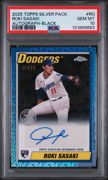 2025 Topps Silver Pack 1990 Chrome Promo Autograph Series 2-Black Roki Sasaki #RO /10 PSA 10