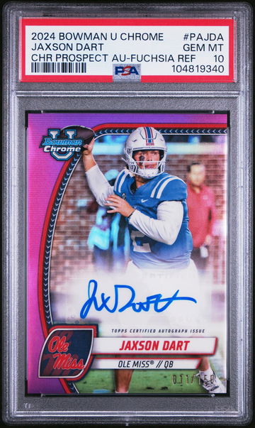 2024 Bowman University Chrome Bowman Chrome Prospect Autographs Chr Prospect Au-Fuchsia Ref Jaxson Dart #PAJDA /150 PSA 10