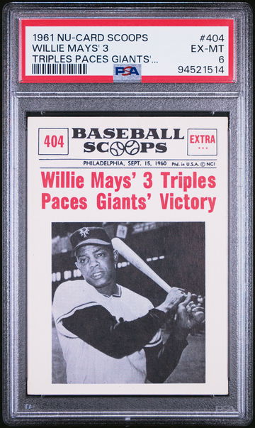 1961 COOP WILLIE MAYS' 3 NU-CARD SS TRIPLES PACES GIANTS'... #404 PSA 6