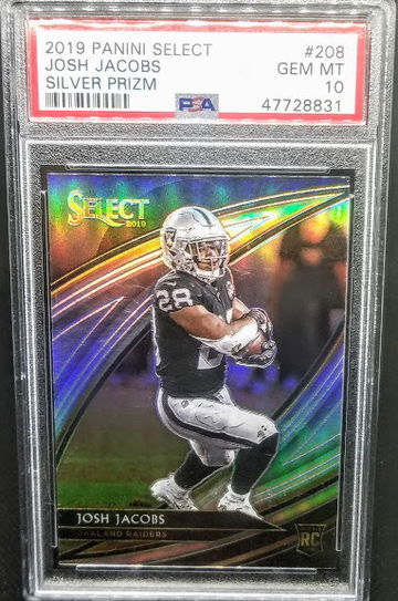 Josh Jacobs 2019 Panini Select Silver Prizm RC Rookie Field Level # 209 Graded PSA 10 Gem Mint POP 9 (Scratches on the front of case)
