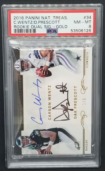 Dak Prescott / Wentz 2016 National Treasures RC Dual Auto Gold /5 PSA 8
