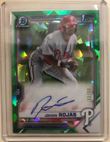 Johan Rojas GREEN SAPPHIRE REFRACTOR AUTO 33/50 2021 Bowman Sapphire 1st #BSPAJR 🔥