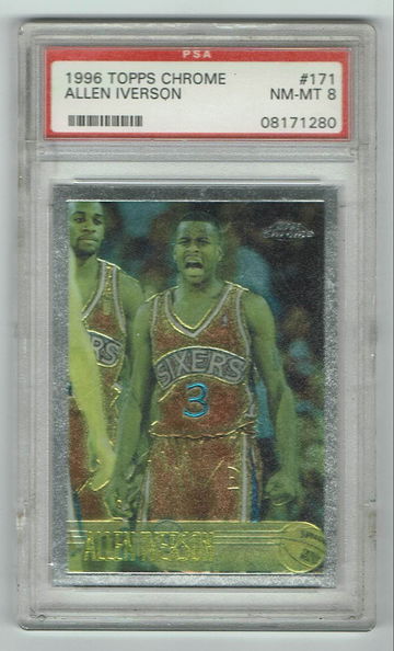 1996 Topps Chrome Allen Iverson PSA 8 (VERY Scratched/Cracked Slab)