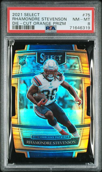 2021 PANINI SELECT RHAMONDRE STEVENSON DIE-CUT ORANGE PRIZM SP /249 #75 PSA 8