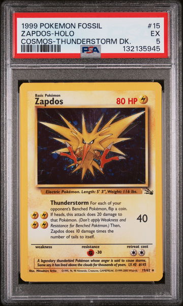 1999 Pokemon Fossil Cosmos Thunderstorm Deck Holo Zapdos #15 PSA 5