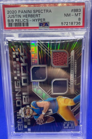 2020 Panini Spectra Justin Herbert RC Building Blocks Relics Hyper 6/75 PSA 8 SP