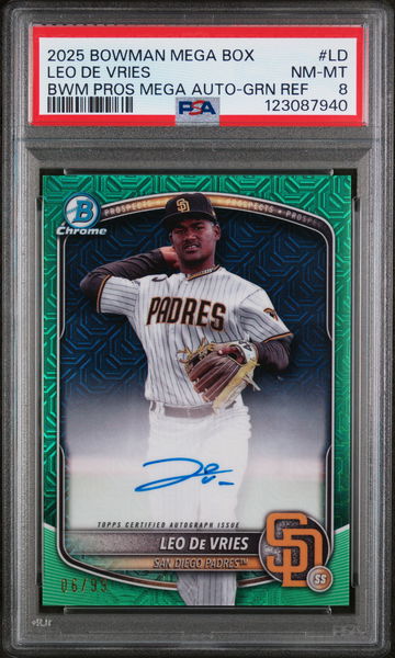 2025 Bowman Mega Box Bowman Prospect Mega Autographs Green Refractor Leo De Vries #LD /99 PSA 8