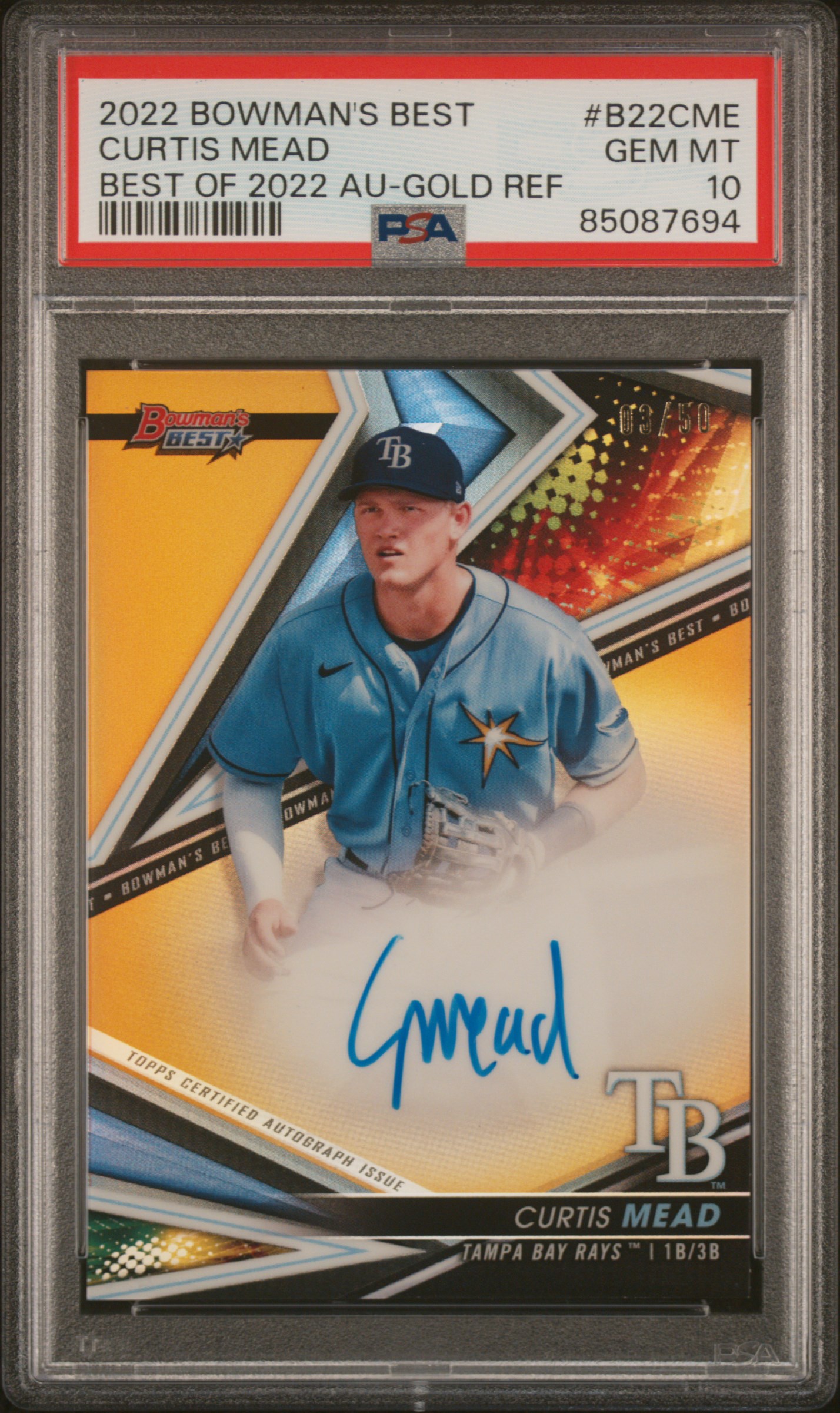 Curtis Mead 2022 Bowman's Best Autograph #B22CME Gold Refractor 03/50 PSA 10