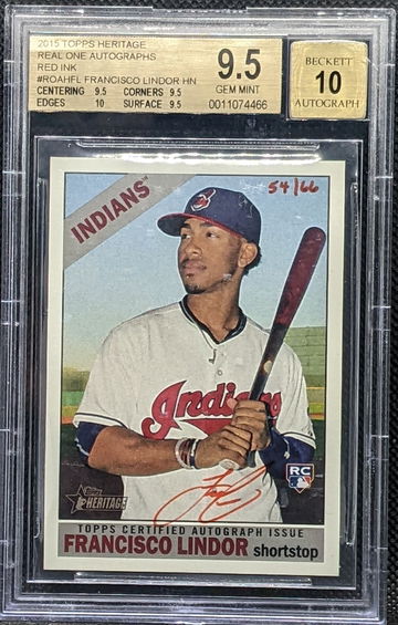 2015 Topps Heritage Real One Autographs Red Ink /66 Francisco Lindor BGS 9.5 True Gem+