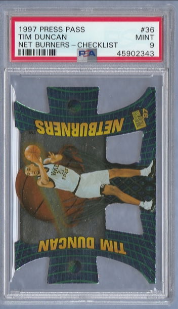 PSA 9 Tim Duncan 1997-98 Press Pass Net Burners #36 Checklist RC Rookie San Antonio Spurs