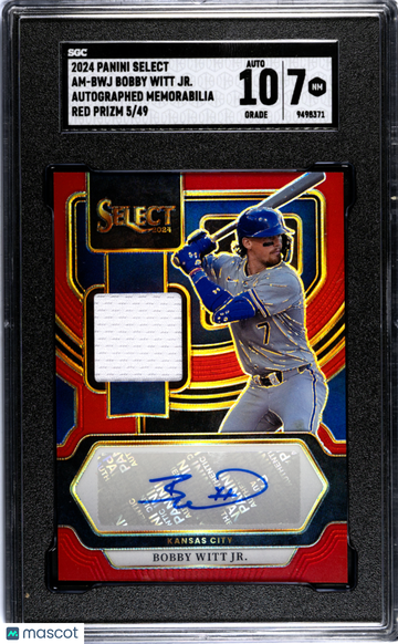 2024 Panini Select Bobby Witt JR. #AM-BWJ Autograph Mem. Red Prizm SGC 7 Auto 10