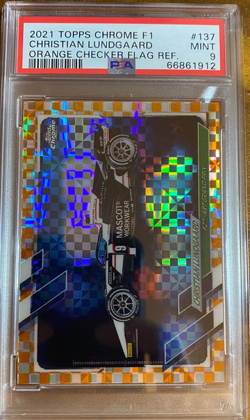 2021 TOPPS CHROME F1 ORANGE CHECKER FLAG REFRACTOR CHRISTIAN LUNDGAARD #137 SP /25 PSA 9 MINT