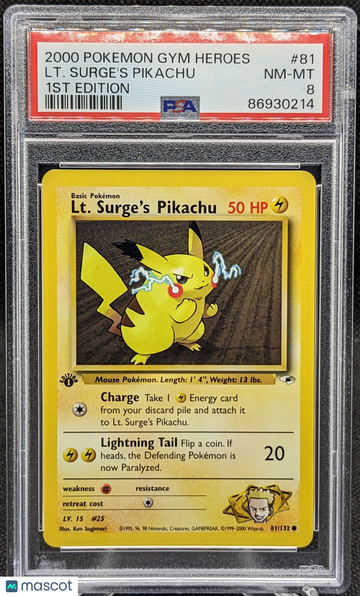 2000 Pokemon Gym Heroes Lt. Surge's Pikachu #81 1st Edition PSA 8