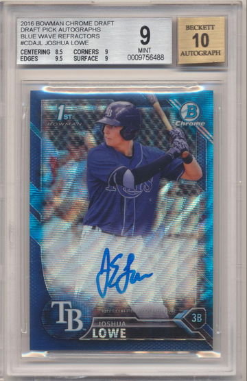 BGS 9! JOSHUA JOSH LOWE 2016 BOWMAN CHROME BLUE WAVE REFRACTOR ROOKIE AUTO /150