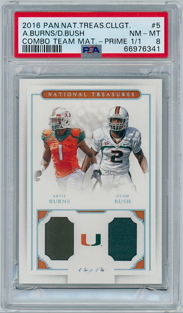 One of One - 2016 National Treasures Collegiate #5 Artie Burns / Deon Bush - Combo Team Materials (Miami Hurricanes) 1/1