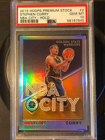 2019-20 Stephen Curry Hoops Premium Stock NBA City Holo Insert Golden St. Warriors PSA 10 