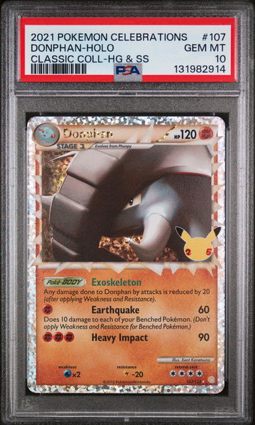 2021 Pokemon Celebrations Classic Collection Holo Heart Gold and Soul Silver Donphan #107 /123 PSA 10