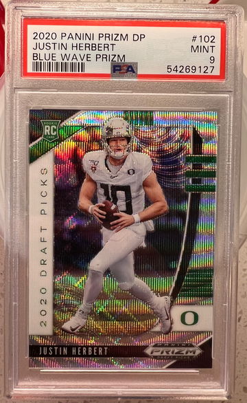 2020 panini Prizm draft picks blue wave Prizm /299 Justin Herbert psa 9
