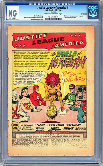 JUSTICE LEAGUE OF AMERICA #1 CGC -NG- SEKOWSKY SACHS & ANDERSON *COVERLESS* 1960