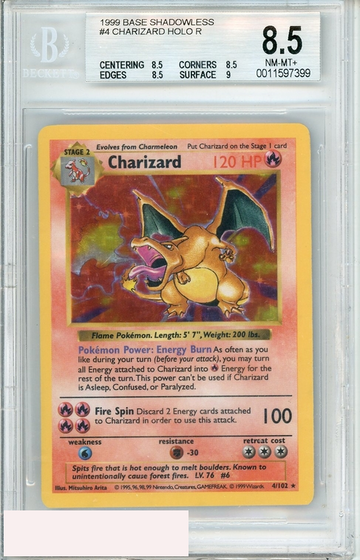 1999 POKEMON BASE SHADOWLESS CHARIZARD HOLO R #4 BGS 8.5