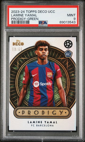 2023-24 TOPPS DECO UCC PRODIGY LAMINE YAMAL #/99 GREEN RC ROOKIE PSA 9