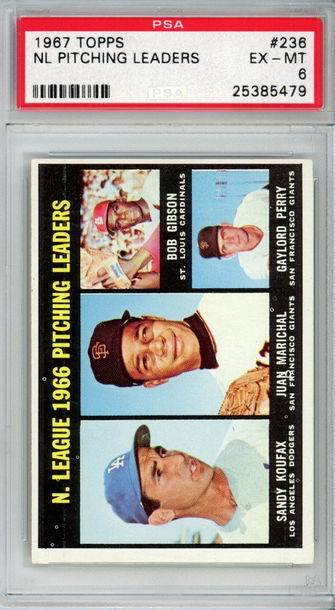 1967 N.L. PITCHING LEADERS SANDY KOUFAX JUAN MARICHAL BOB GIBSON GAYLORD PERRY PSA 6