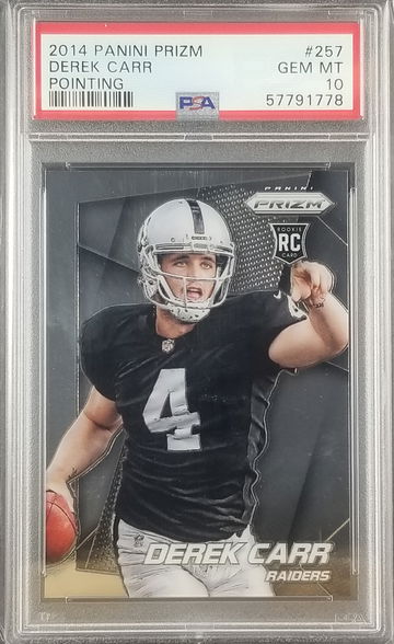 2014 Panini Prizm Football Derek Carr Rookie RC Pointing Variation PSA 10 GEM MT