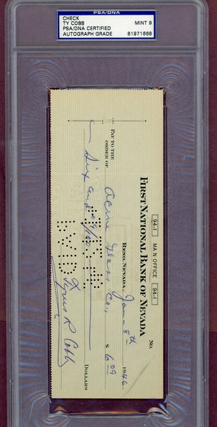TY COBB SIGNED CHECK PSA/DNA CERTIFIED WITH A AUTO GRADE OF 9