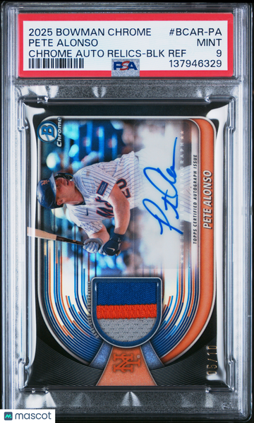 2025 Bowman Chrome Chrome Autograph Relics Pete Alonso #BCAR-PA BLK Ref /10 PSA 9