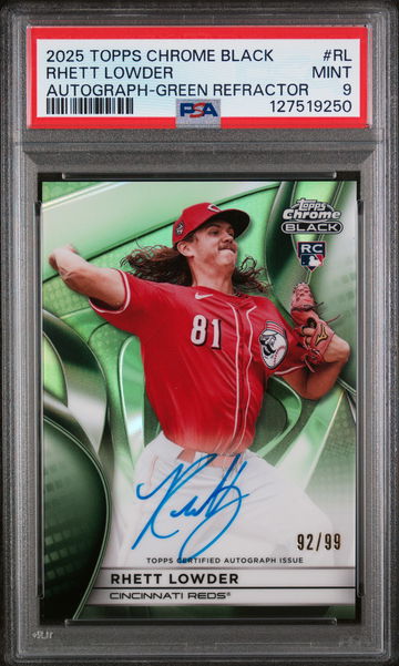 2025 Topps Chrome Black Autographs Green Refractor Rhett Lowder #RL /99 PSA 9