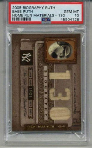 2005 BIOGRAPHY BABE RUTH HOME RUN MATERIALS 130 GAME USED BAT CARD PSA 10