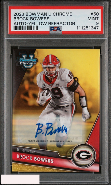 2023 BOWMAN UNIVERSITY CHROME BROCK BOWERS #50 AUTO YELLOW 48 OF 75 PSA 9