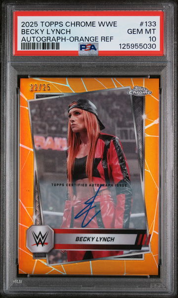 2025 Topps Chrome WWE Autograph-Orange Refractor Becky Lynch #133 /25 PSA 10