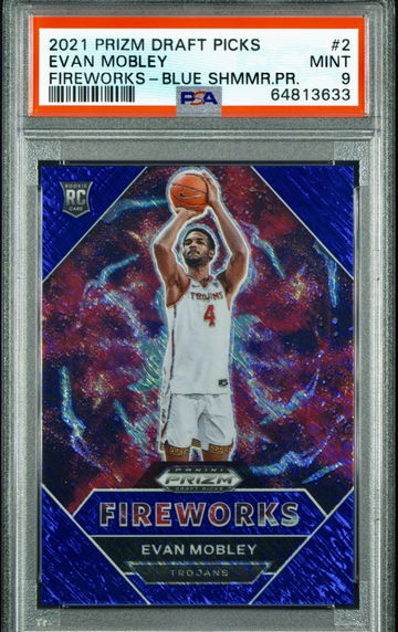 2021-22 Panini Prizm Draft Evan Mobley Fireworks Blue Shimmer RC 4/13 PSA 9 Mint FOTL Exclusive