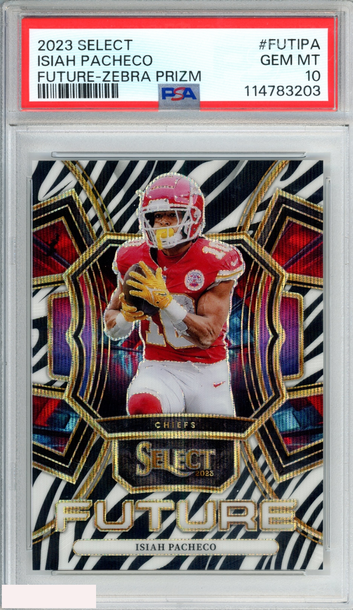 2023 PANINI SELECT FUTURE ISIAH PACHECO #FUTIPA ZEBRA PRIZM ROOKIE RC PSA 10