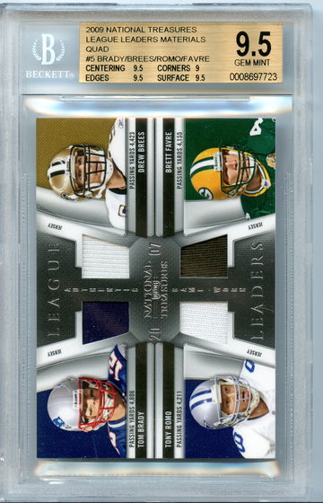 Tom Brady Drew Brees Brett Favre Tony Romo 2009 National Treasures Quad League Leaders Materials