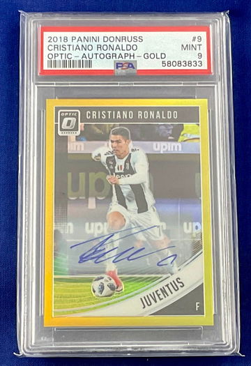 CRISTIANO RONALDO -- 2018-19 Panini Donruss Optic AUTO GOLD PARALLEL (#2/3) -- #9 -- PSA 9 MINT -- CR7 G.O.A.T.