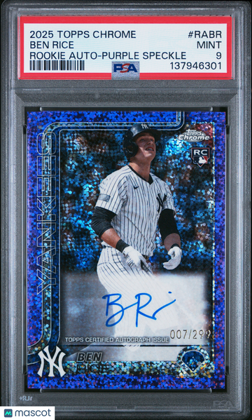 2025 Topps Chrome Rookie Autographs Ben Rice #RABR Purple Speckle /299 Rookie PSA 9