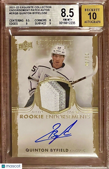 /50 BGS 8.5 10 RPA Quinton Byfield 2021 Upper Deck The Cup RC Rookie Patch Auto