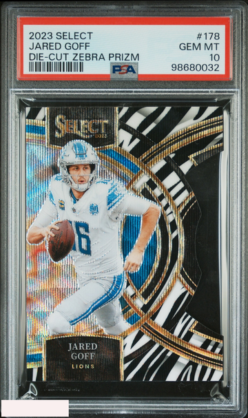 2023 PANINI SELECT JARED GOFF #178 DIE-CUT ZEBRA PRIZM LIONS PSA 10 GEM MT