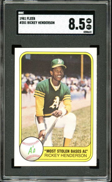 1981 Fleer 351 Rickey Henderson SB Stolen Bases A's Athletics HOF SGC 8.5 NM-MT+