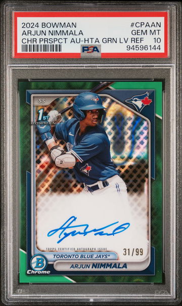 2024 Bowman Chrome Prospect Autographs Chr Prspct Au-Hta Grn Lava Arjun Nimmala #CPAAN /99 PSA 10