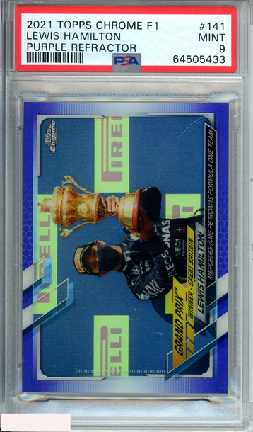 2021 TOPPS CHROME F1 LEWIS HAMILTON #141 PURPLE REFRACTOR 283 OF 399 PSA 9 MINT