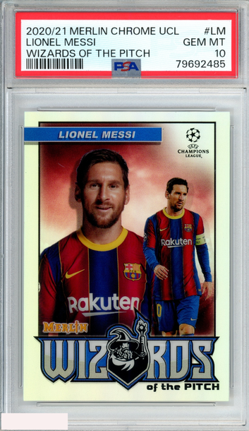 2020 TOPPS MERLIN CHROME UEFA WIZARDS OF THE PITCH LIONEL MESSI #LM PSA 10