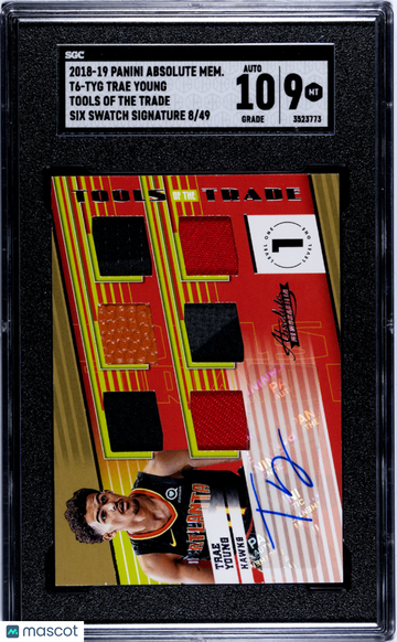 2018 Panini Absolute Memorabilia Trae Young #T6-TYG Tools Of The Trade Six Swatch SIG. SGC 9 Auto 10