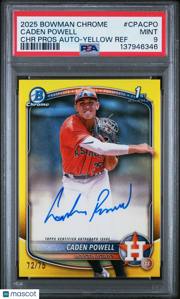 2025 Bowman Chrome Prospect Autographs Caden Powell #CPACPO Yellow Ref /75 Rookie PSA 9