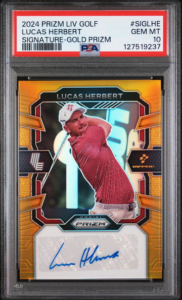 2024 Panini Prizm Liv Golf Signatures Gold Prizm Lucas Herbert #SIGLHE /10 PSA 10