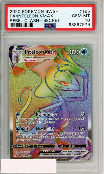 2020 POKEMON SWORD SHIELD REBEL CLASH FA INTELEON VMAX #195 SECRET PSA 10