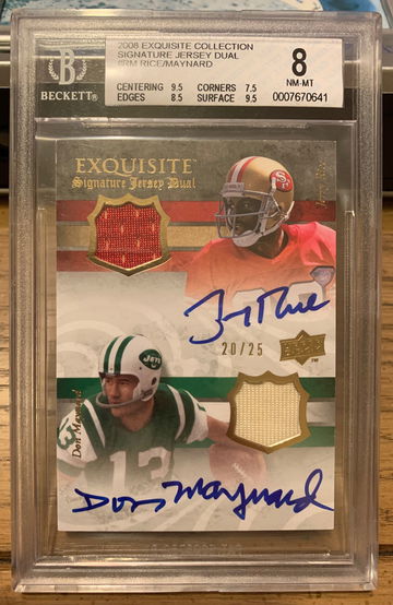 2008 Exquisite Collection Jerry Rice Don Maynard Dual Jersey Auto /25 near mint BGS 8/9